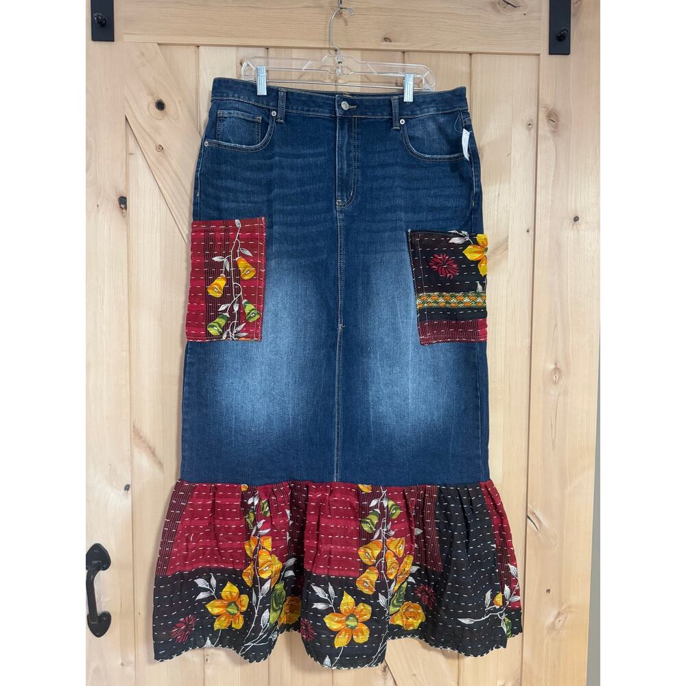 Upcycled Long Denim Skirt with Kantha Patches and Ruffle Hem | Size 16